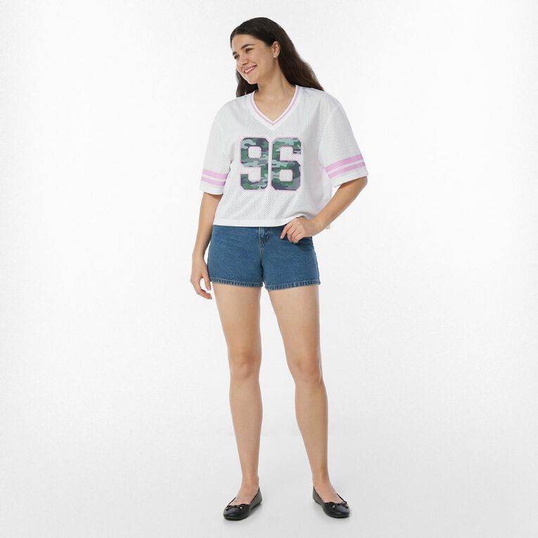 Garage Women's Short Sleeve Cropped Mesh Sport Tee, White, hi-res
