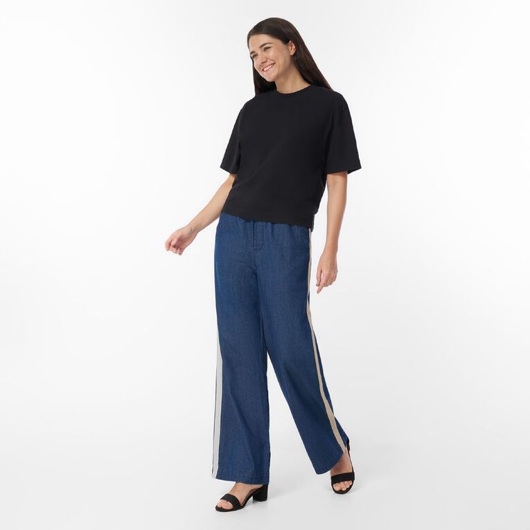 H&H Women's Wide Leg Pull On Side Stripe Jean, Denim Mid, hi-res