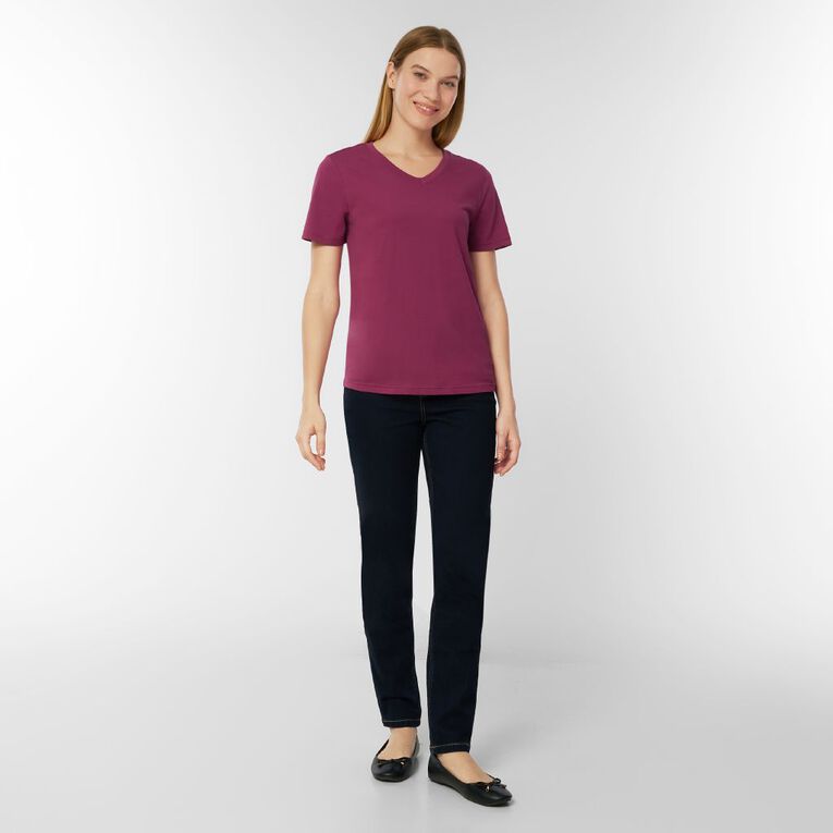 H&H Women's Short Sleeve Cotton V-Neck Tee, Purple Mid, hi-res