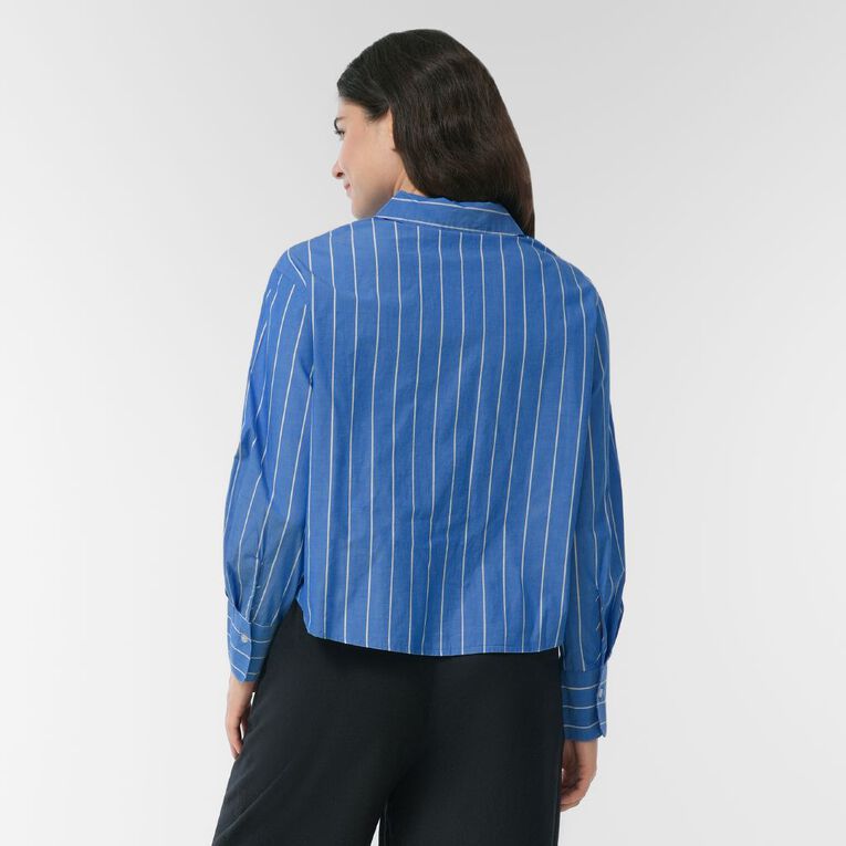 H&H Women's Long Sleeve Boxy Crop Shirt, Blue/White, hi-res