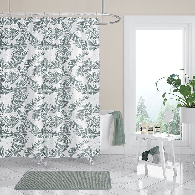 Living & Co Shower Curtain Leaves Green 180cm x 180cm, , hi-res