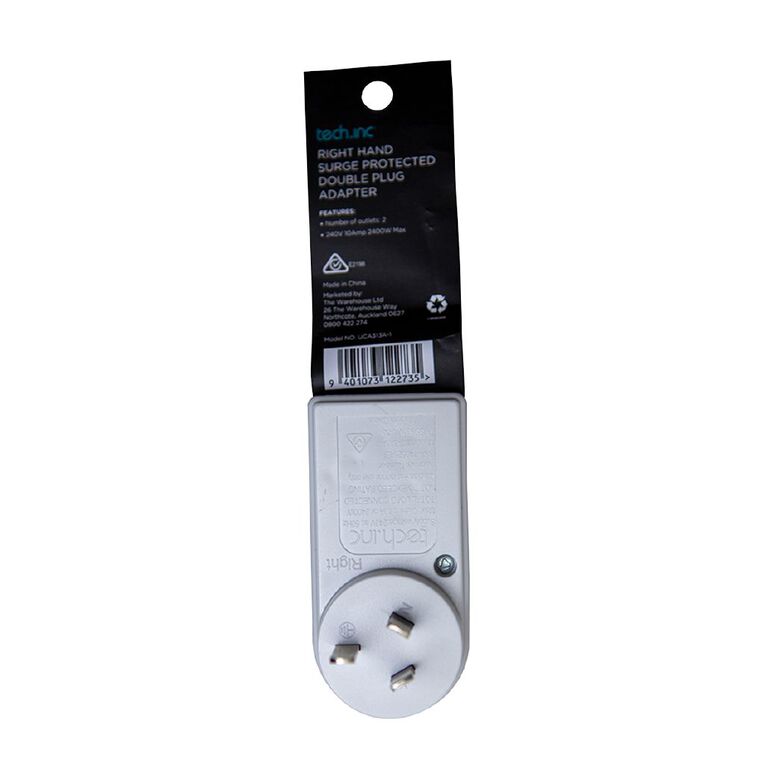 Tech.Inc Right Hand Surge Protected Double Plug Adapter, , hi-res