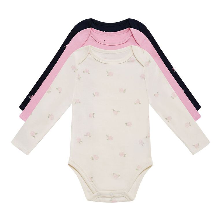 Young Original Babies' Long Sleeve Printed Bodysuit 3 Pack, Pink Light, hi-res