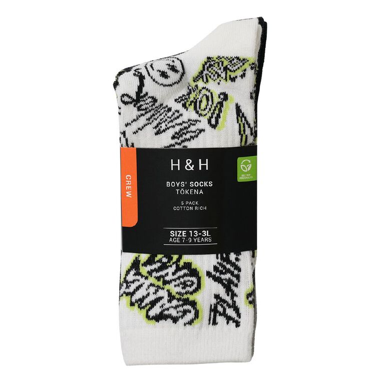 H&H Boys' Rib Fashion Crew Socks 5 Pack, Black/Grey, hi-res