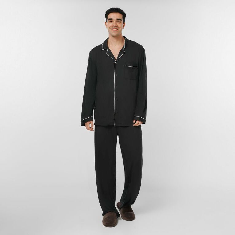 H&H Men's Comfy Button Up Pyjama Set, Black, hi-res