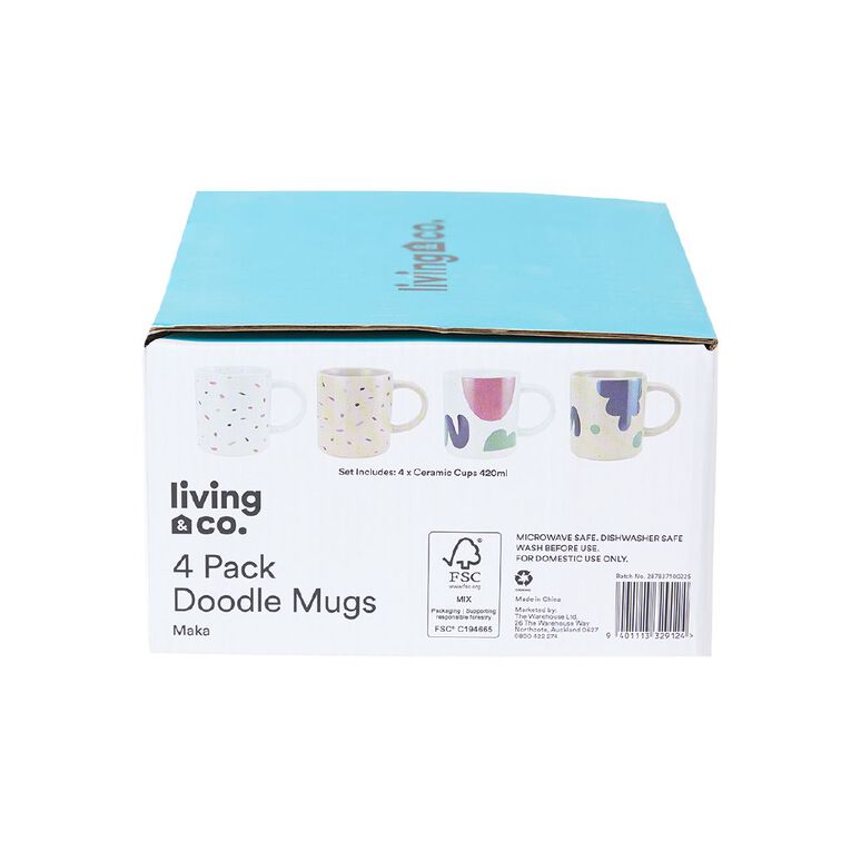Living & Co Doodle Mugs Multi-Coloured 4 Pack, , hi-res