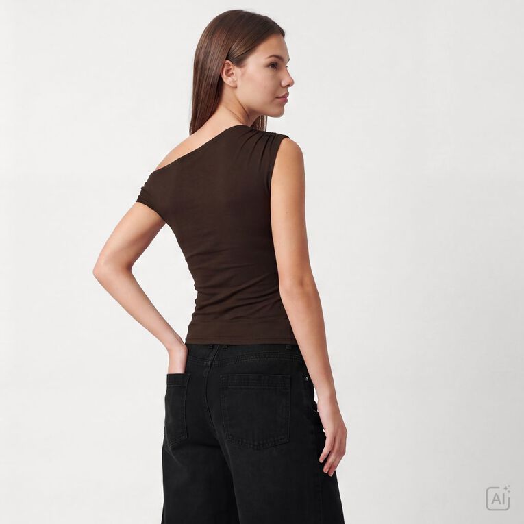 Garage Women's Contour Off Shoulder Ruched Top, Brown Dark, hi-res