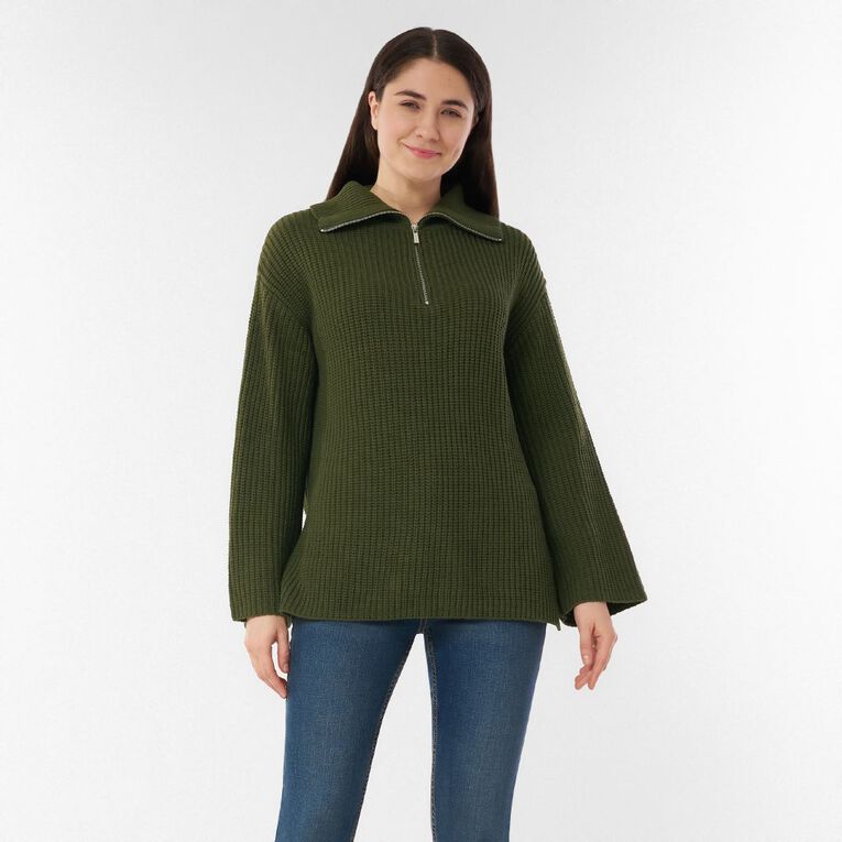 H&H Women's Quarter Zip Rib Knit Jumper, Green Dark, hi-res