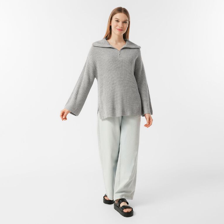 H&H Women's Quarter Zip Rib Knit Jumper, Grey Marle, hi-res