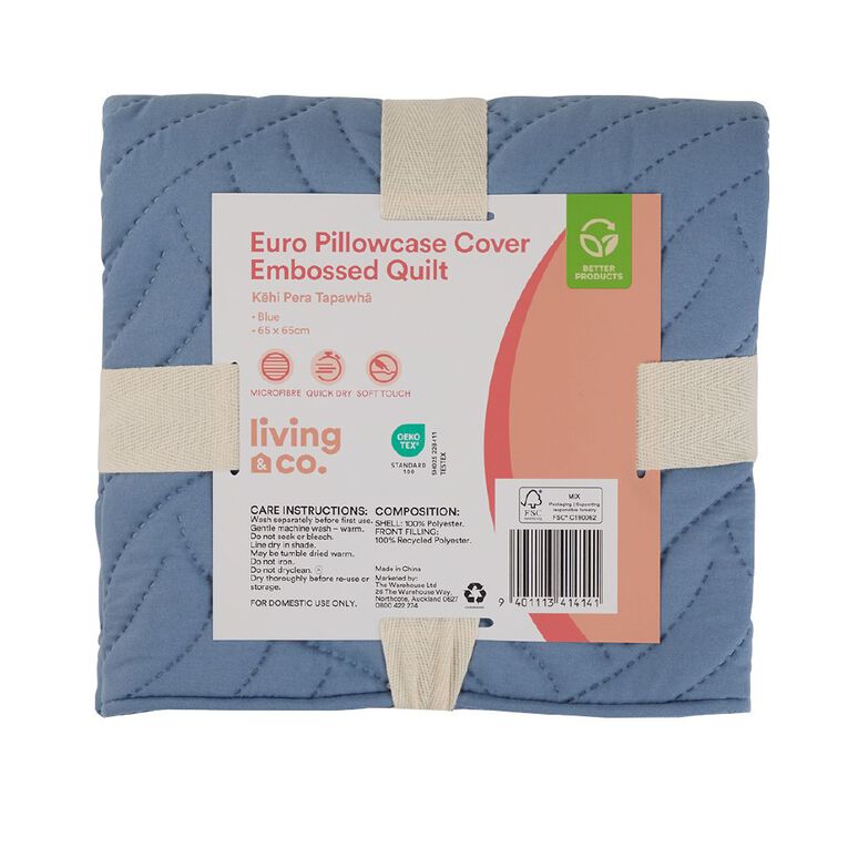 Living & Co Textured Microfibre Euro Pillowcase Blue 48cm x 73cm, , hi-res