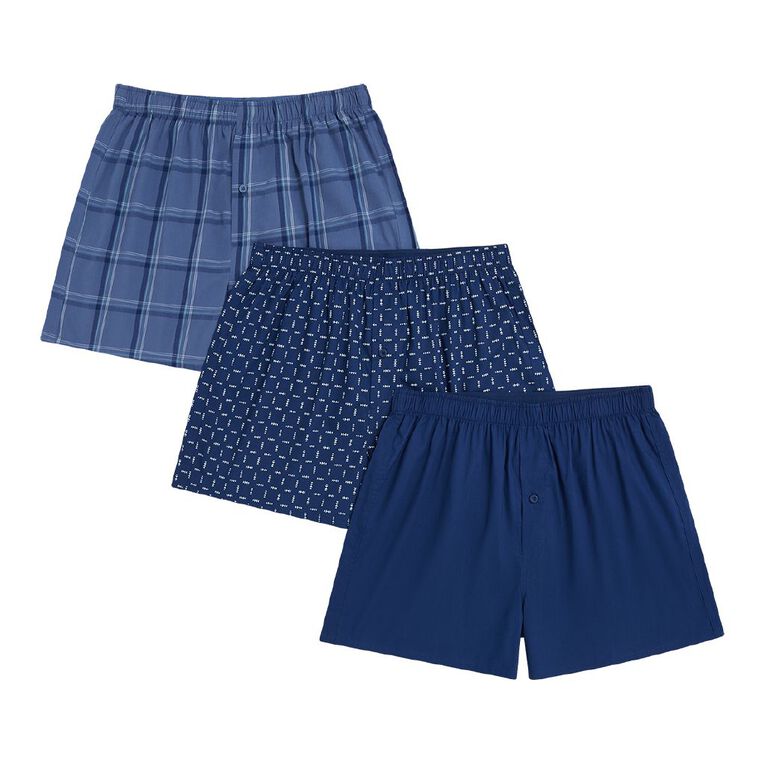 H&H Men's Woven Boxers 3 Pack, Blue Mid, hi-res