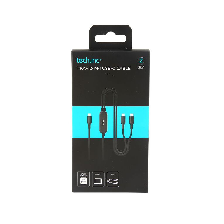 Tech.Inc 140W 2in1 USB-C Cable 1m Black, , hi-res