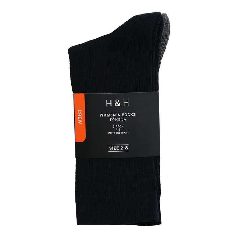 H&H Women's Ribbed Crew Sock 3 Pack, Black, hi-res