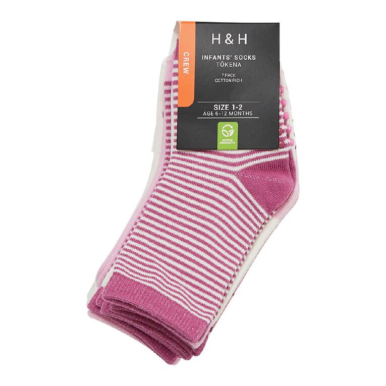H&H Infants' Jaquard Crew Socks 7 Pack, Pink Mid, hi-res