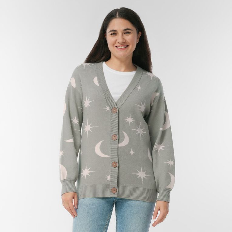 H&H Women's Star Jacquard Cardigan, Green Mid, hi-res