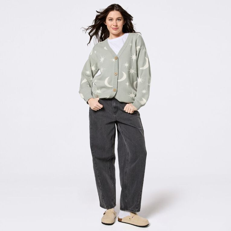 H&H Women's Star Jacquard Cardigan, Green Mid, hi-res