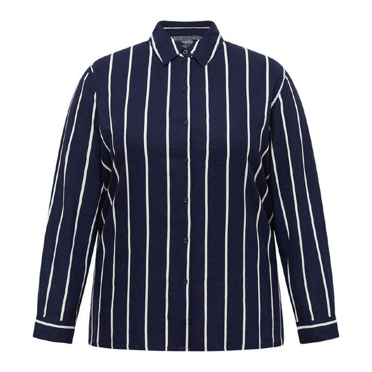 H&H Curve Women's Long Sleeve Linen Blend Shirt, Navy/White, hi-res