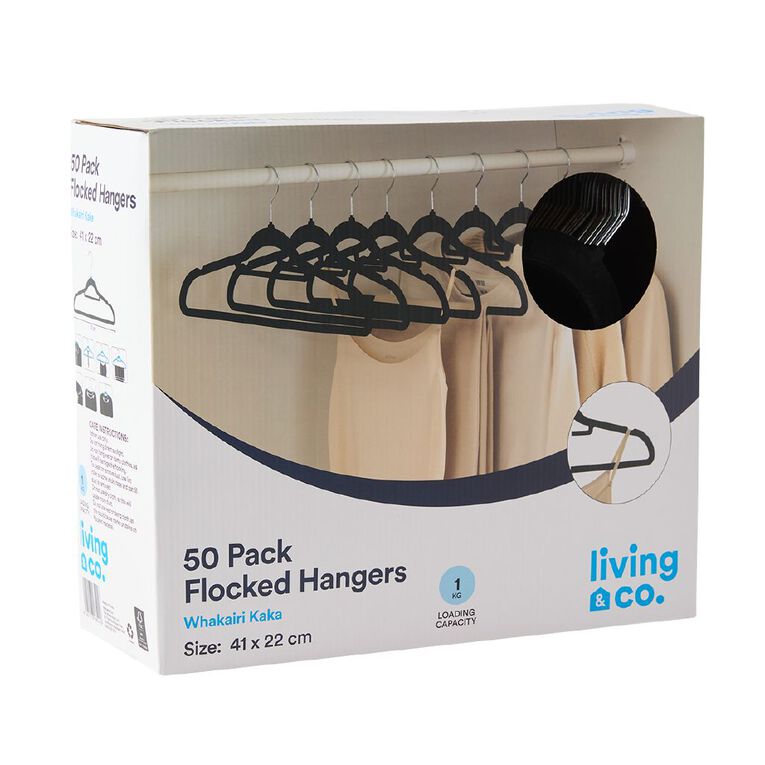 Living & Co Flocked Coat Hangers Black 50 Pack, , hi-res