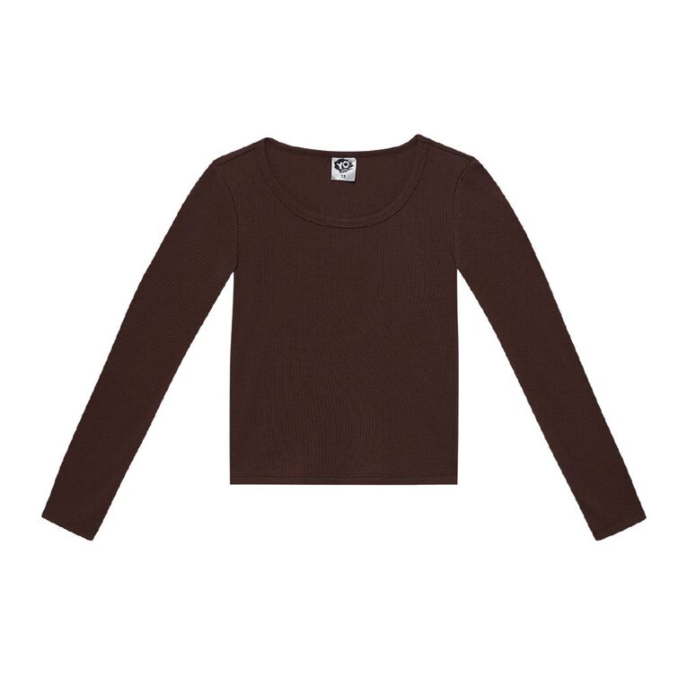 Young Original Long Sleeve Rib Scoop Neck Top, Brown Mid, hi-res