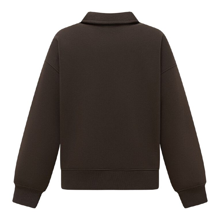 H&H Women's Long Sleeve Collared Sweat, Brown Dark, hi-res