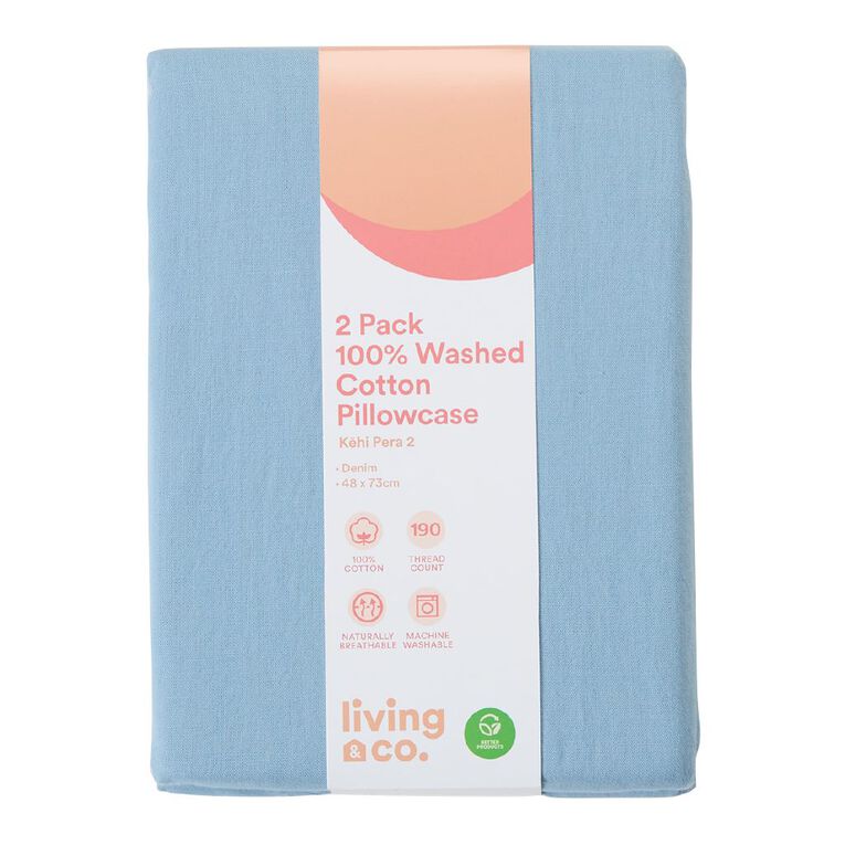Living & Co 100% Washed Cotton 2 Pack Pillowcase Denim 48cm x 73cm, Denim, hi-res