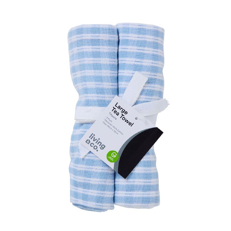Living & Co Cotton Tea Towel XL Check Blue 2 Pack, , hi-res
