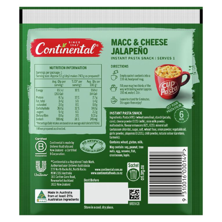 Continental Cup A Pasta Mac and Cheese Jalapeno 53g, , hi-res