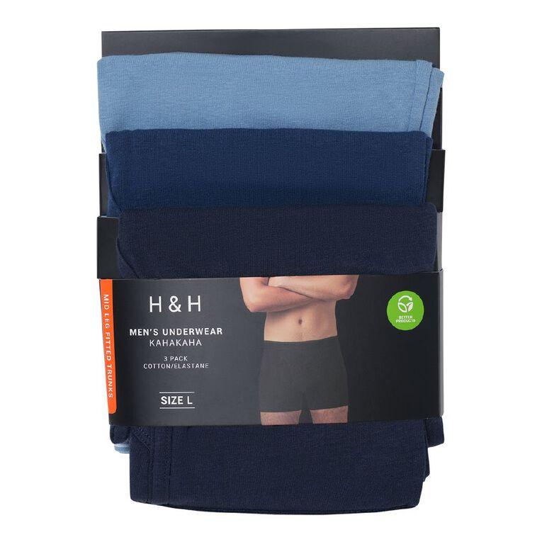 H&H Men's Mid Leg Trunks 3 Pack, Blue/Navy, hi-res