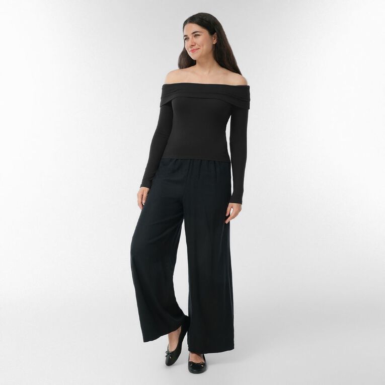 H&H Women's Long Sleeve Rib Bardot, Black, hi-res
