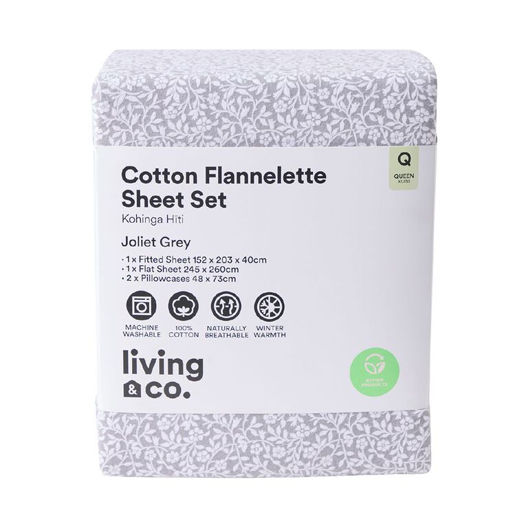 Living & Co Cotton Flannelette Sheet Set Joliet Grey Queen, , hi-res