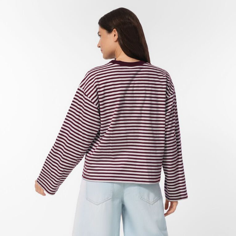 H&H Women's Long Sleeve Boxy Stripe Crew Neck Tee, Pink Light, hi-res