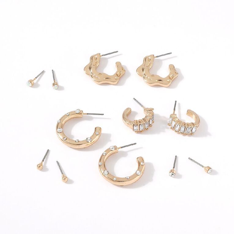 H&H Molten Shape Clear Gem Hoop Gold Earrings 6 Pairs, , hi-res
