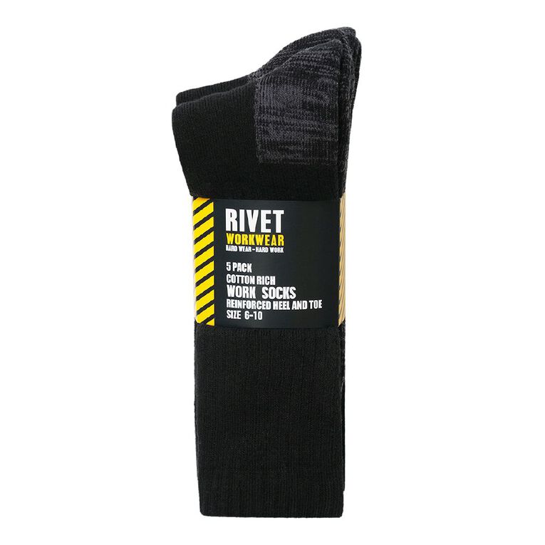 Rivet Men's Cotton Rich Work Socks 5 Pack, Black, hi-res
