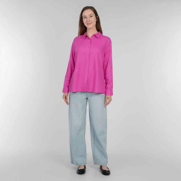 H&H Women's Long Sleeve Essential Linen Blend Shirt, Pink, hi-res