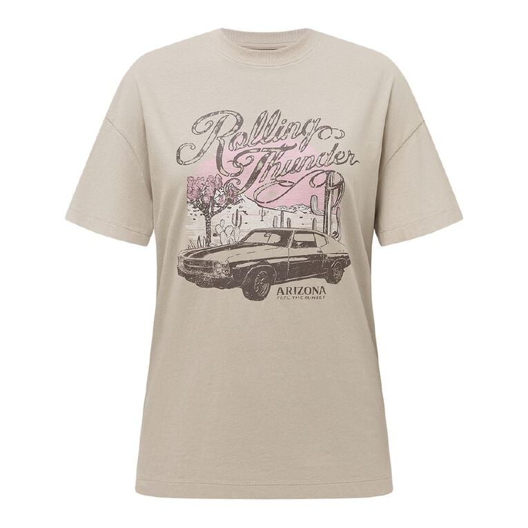 H&H Women's Short Sleeve Boyfriend Graphic Tee, Brown Light RLG THNDER, hi-res