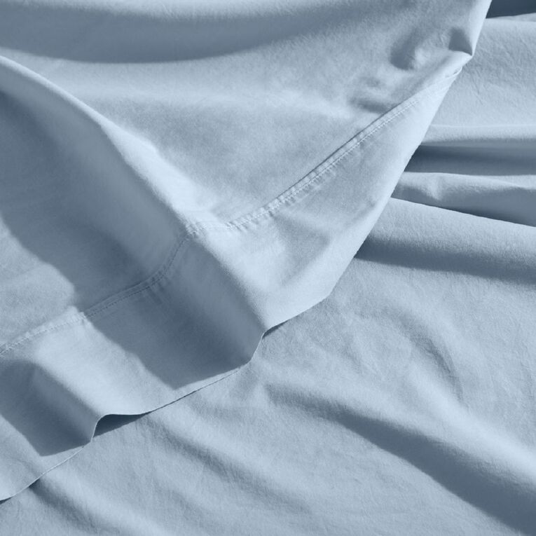 Living & Co 100% Washed Cotton Sheet Set Denim Single, Denim, hi-res