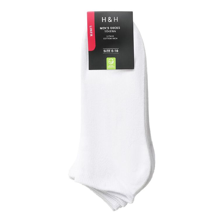 H&H Mens' Liner Plain Socks 5 Pack, White W26, hi-res