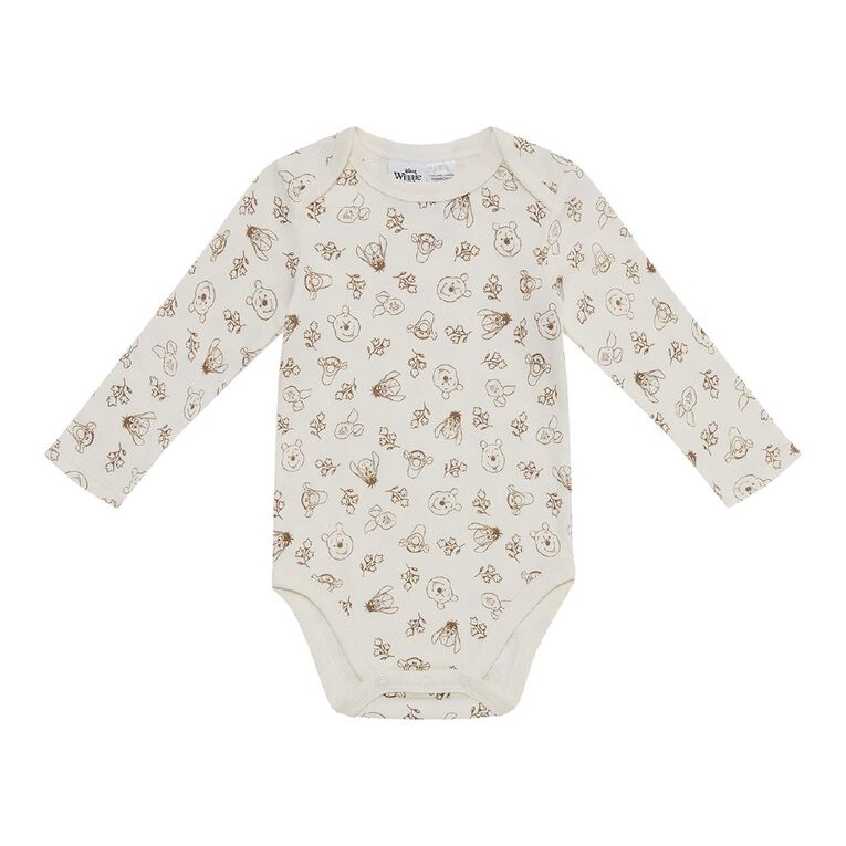 Winnie the Pooh Babies' Long Sleeve Printed Bodysuit 3 Pack, Cream, hi-res