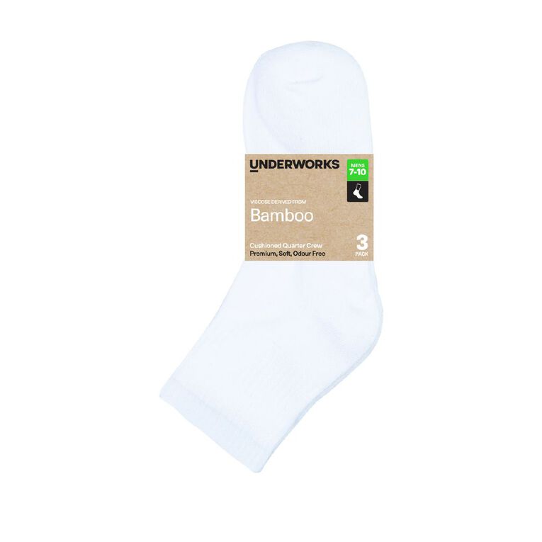 Underworks Men's Bamboo Quarter Crew Socks 3 Pack, White, hi-res