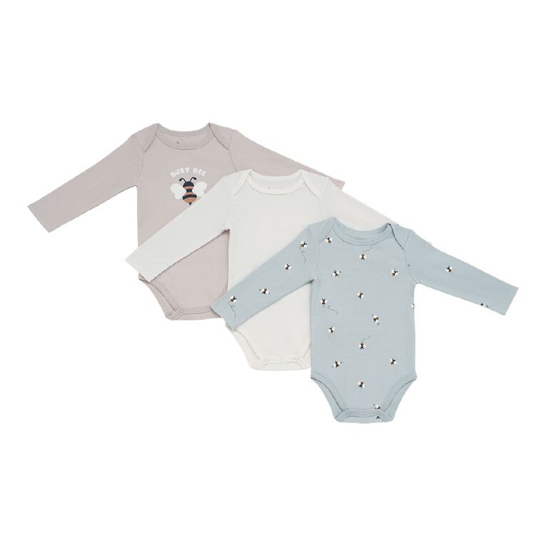 Young Original Babies' Long Sleeve Printed Bodysuit 3 Pack, Brown Light BEES, hi-res