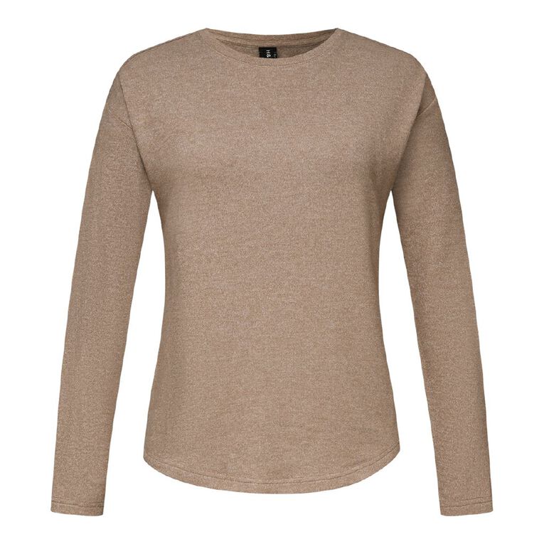 H&H Women's Brushed Fleece Drop Shoulder Top, Brown Mid, hi-res