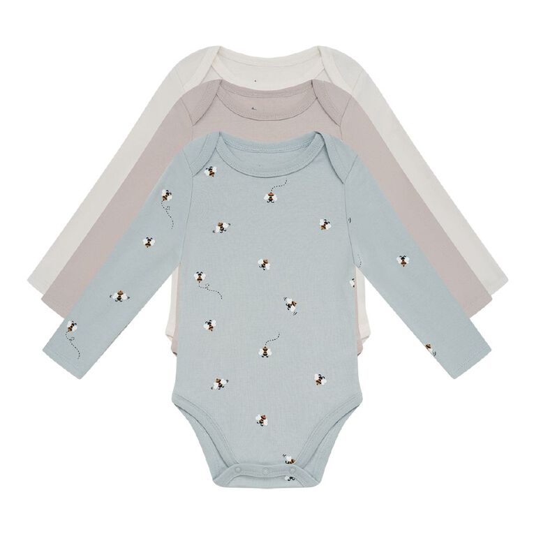 Young Original Babies' Long Sleeve Printed Bodysuit 3 Pack, Brown Light BEES, hi-res