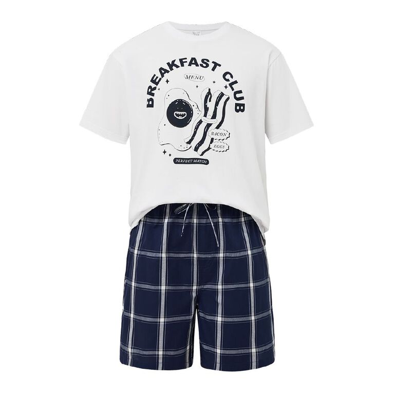 H&H Men's Knit and Woven Short Pyjama Set, Blue Dark, hi-res