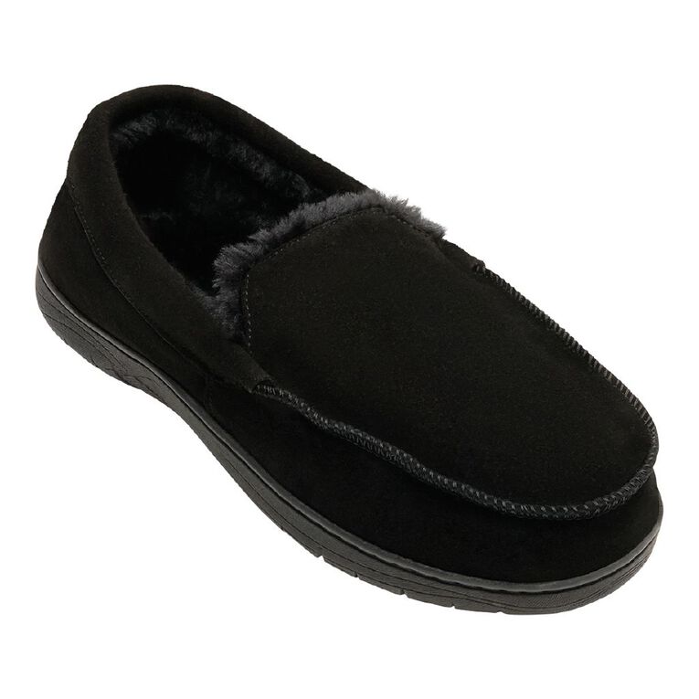 H&H Men's Leroy Leather Moccasin Slippers, Black, hi-res