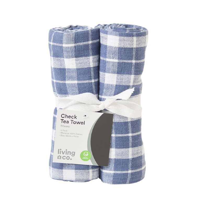Living & Co Tea Towel Check Blue 2 Pack, , hi-res