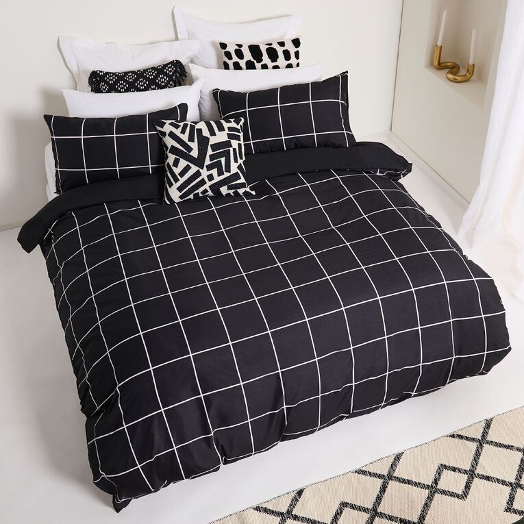 Living & Co Duvet Cover Set Check Black/White Double, Black/White, hi-res