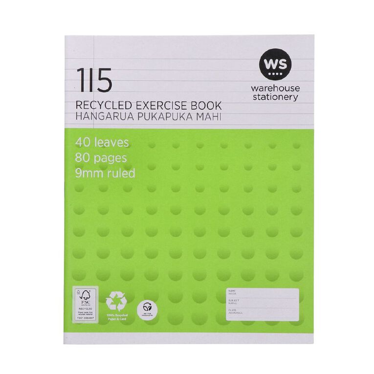 WS Exercise Book 1I5 9mm Ruled 40 Leaf Green, , hi-res