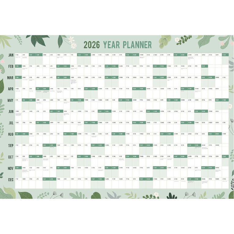 WS 2026 Wall Planner 1000mm x 700mm Green, , hi-res