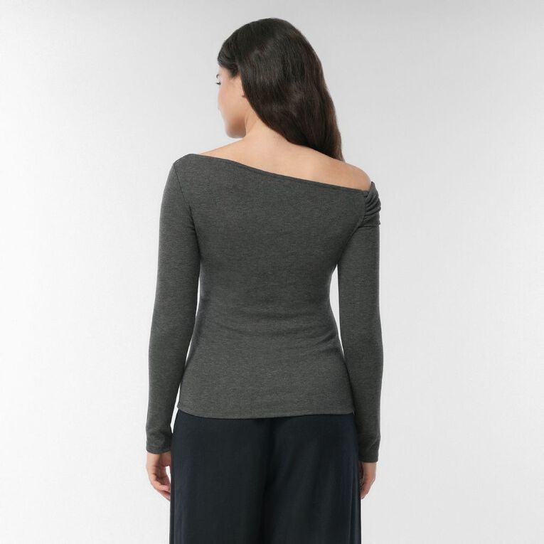 H&H Women's Long Sleeve Ribbed Twist Neckline Top, Grey Mid, hi-res