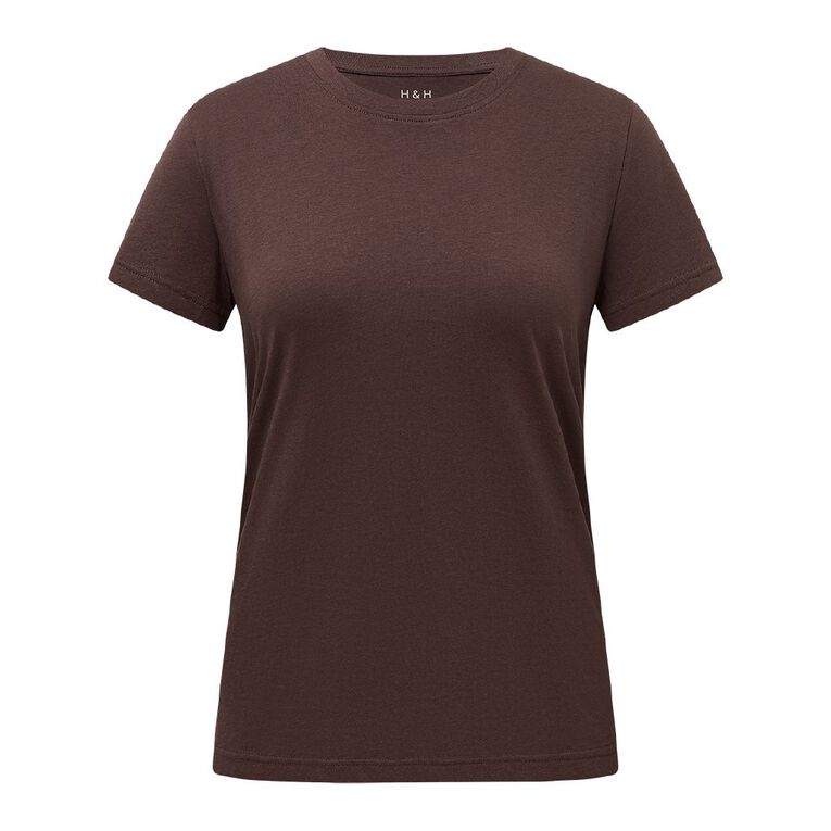 H&H Women's Short Sleeve Crew Neck Cotton Tee, Brown Dark, hi-res